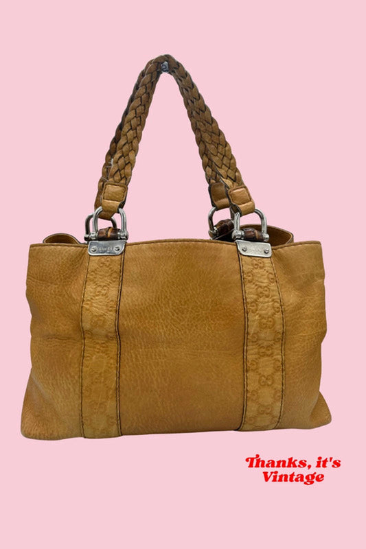 Vintage Gucci GG Signature Bamboo Bar Tote bag Mustard Leather