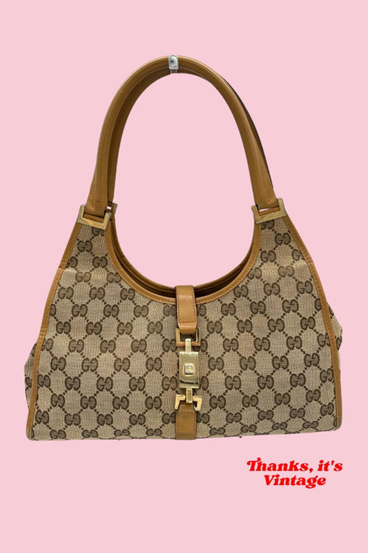 Vintage Gucci Brown GG Monogram Jackie 1961 Bardot Handbag