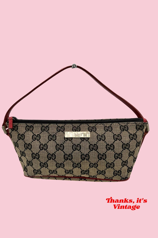 Vintage Gucci Boat Pochette Monogram Mini Bag Red Trim