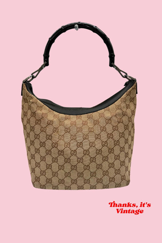 Vintage Gucci GG Monogram Brown Bamboo Crescent Shoulder Bag
