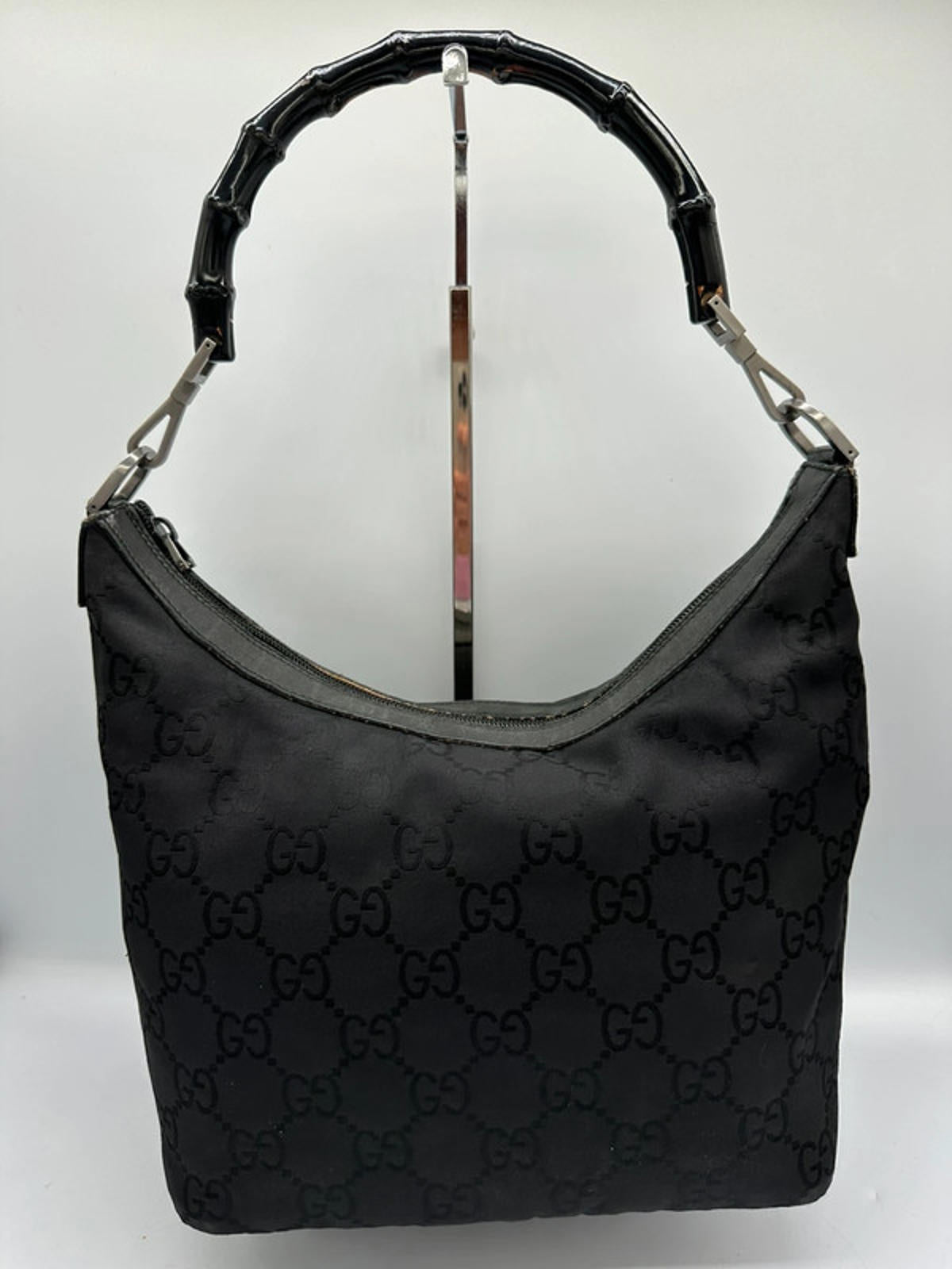 Vintage Gucci Black Monogram Bamboo Shoulder Bag