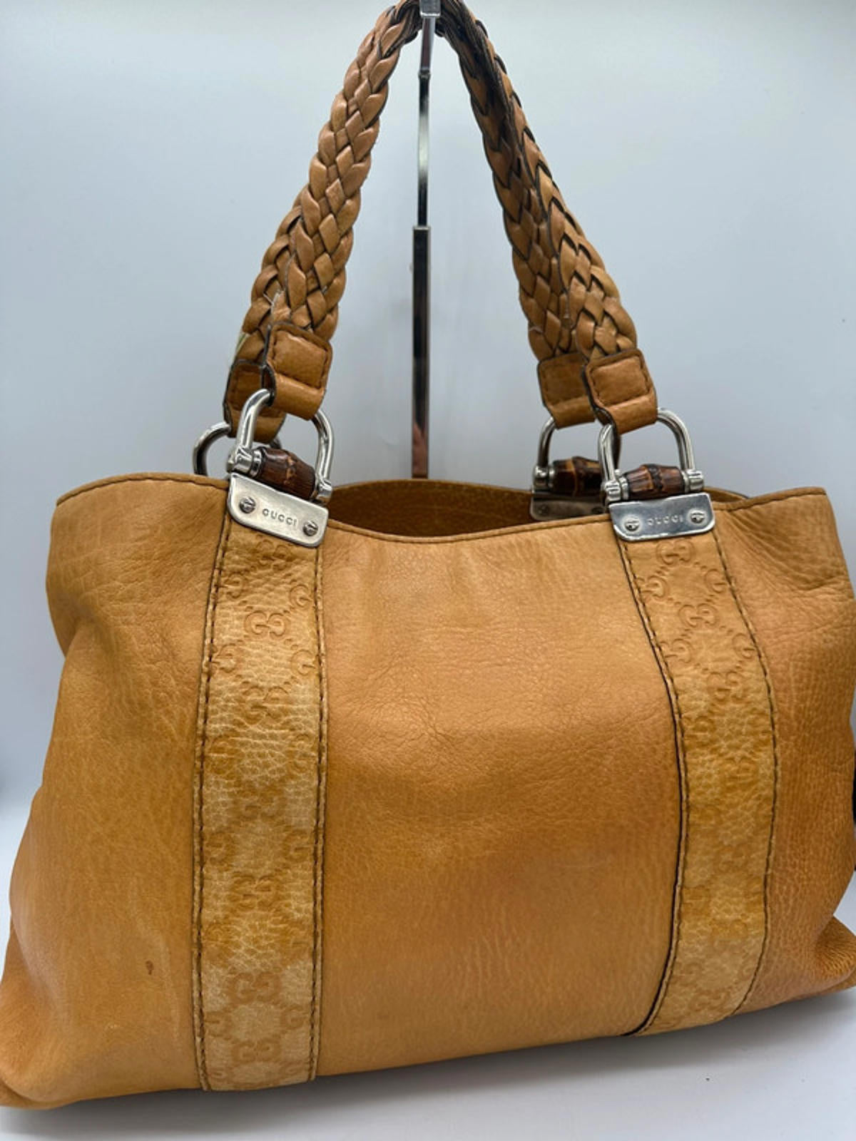Vintage Gucci GG Signature Bamboo Bar Tote bag Mustard Leather