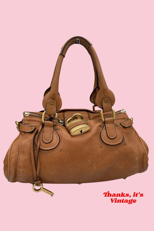 Vintage Chloé Paddington Shoulder Bag Medium Size in Tan Grain Geather