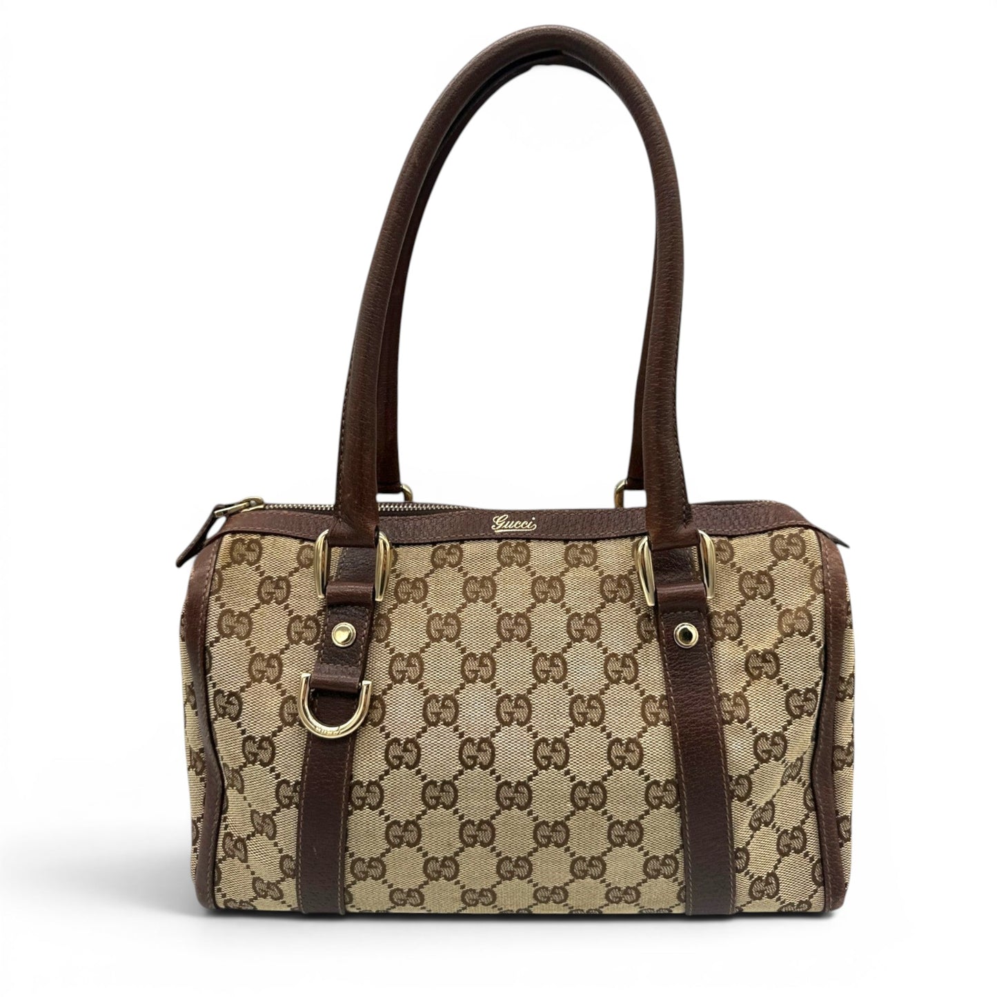 Sac cabas vintage Gucci en bambou monogrammé, grand format, porté épaule
