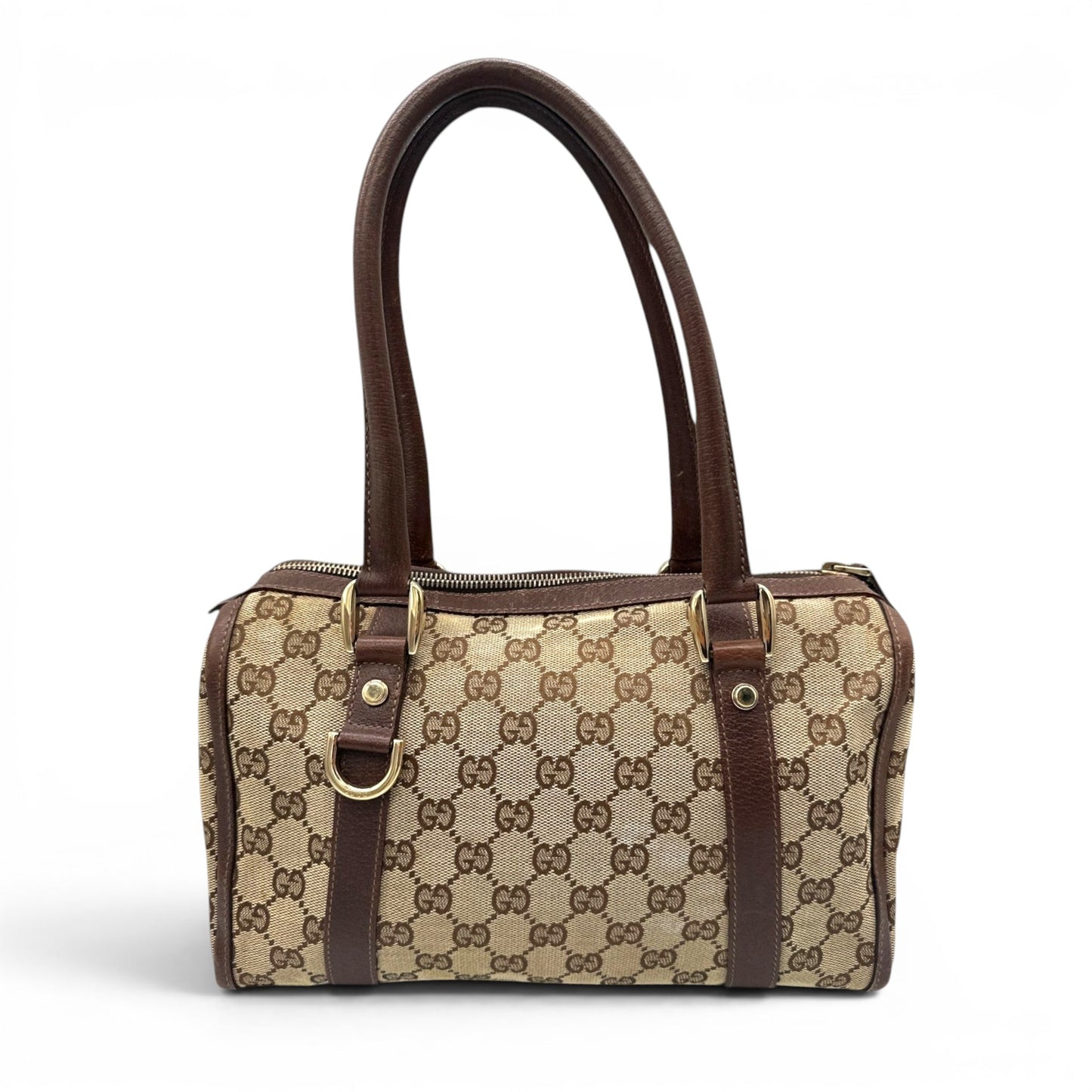 Sac cabas vintage Gucci en bambou monogrammé, grand format, porté épaule