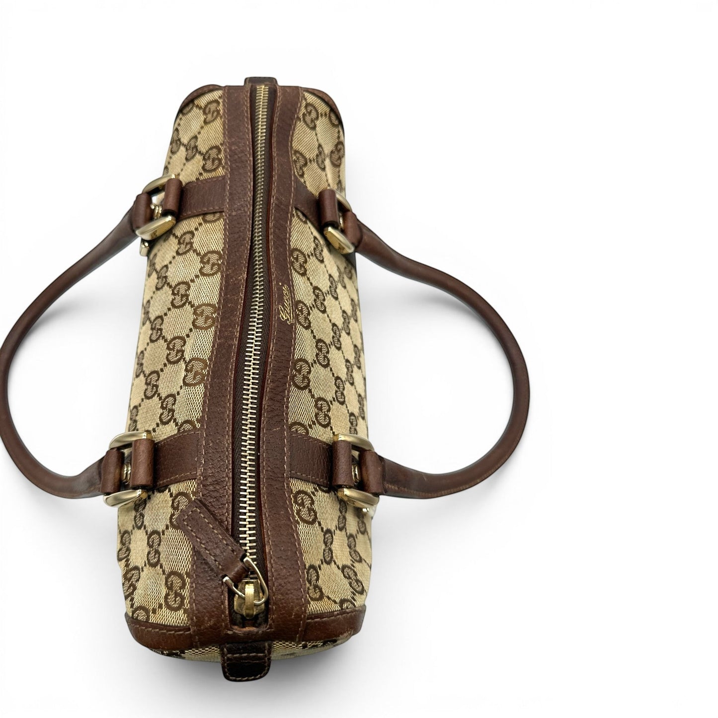Sac cabas vintage Gucci en bambou monogrammé, grand format, porté épaule