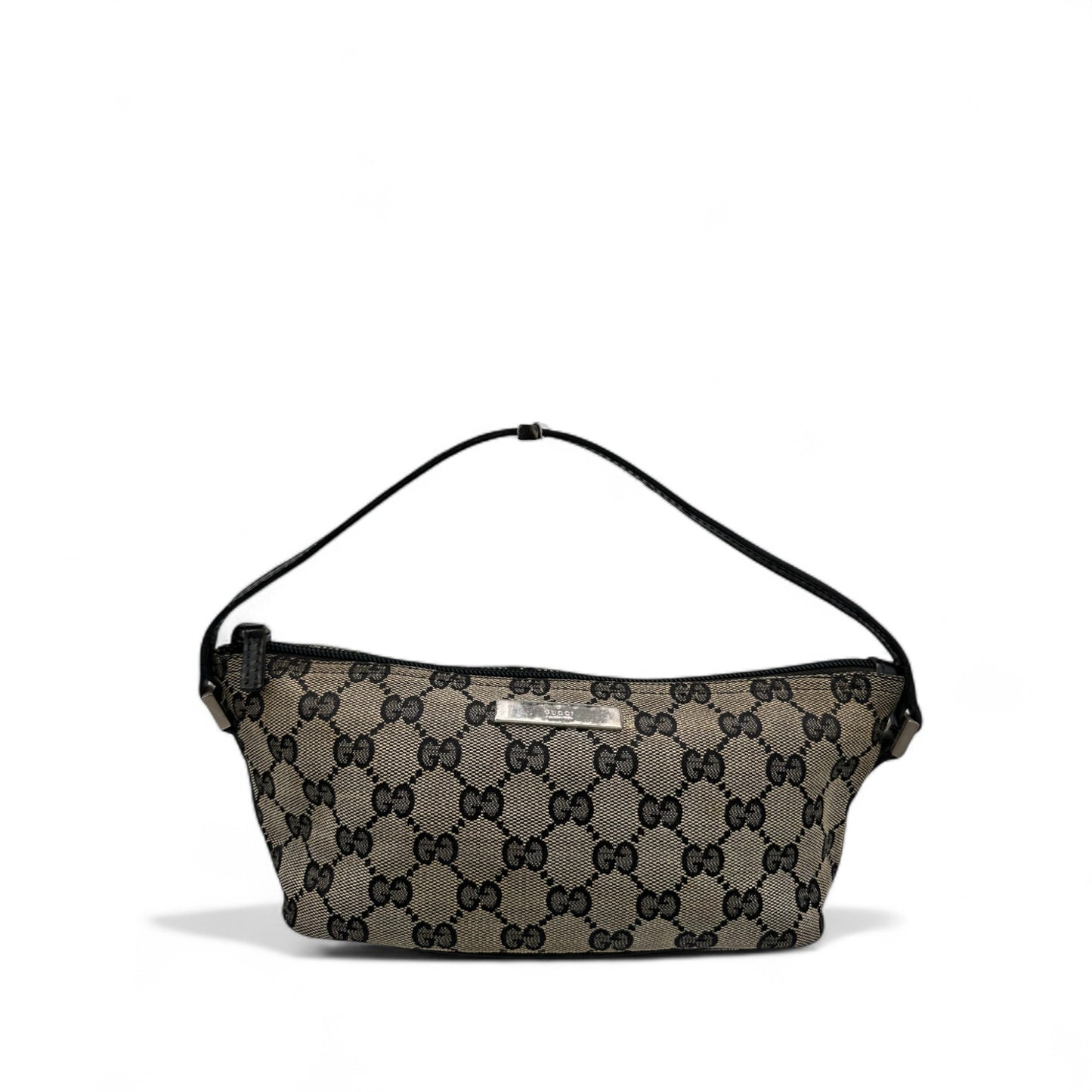 Vintage Gucci Boat Pochette in Black and Grey Monogram with Black Leather Trim