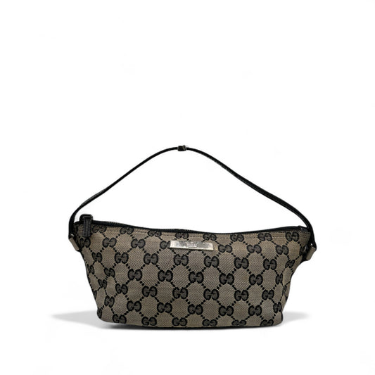 Vintage Gucci Boat Pochette in Black and Grey Monogram with Black Leather Trim