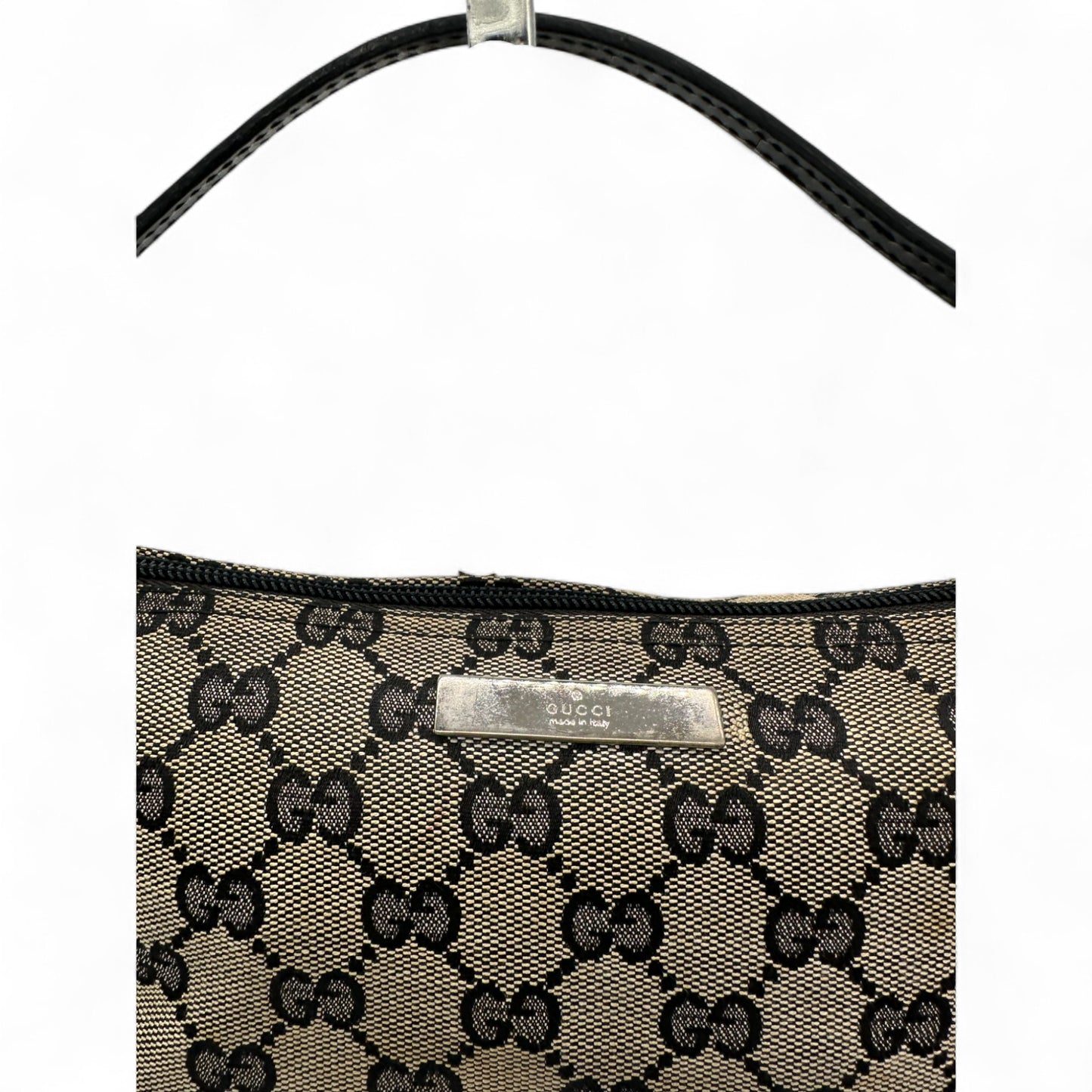 Vintage Gucci Boat Pochette in Black and Grey Monogram with Black Leather Trim