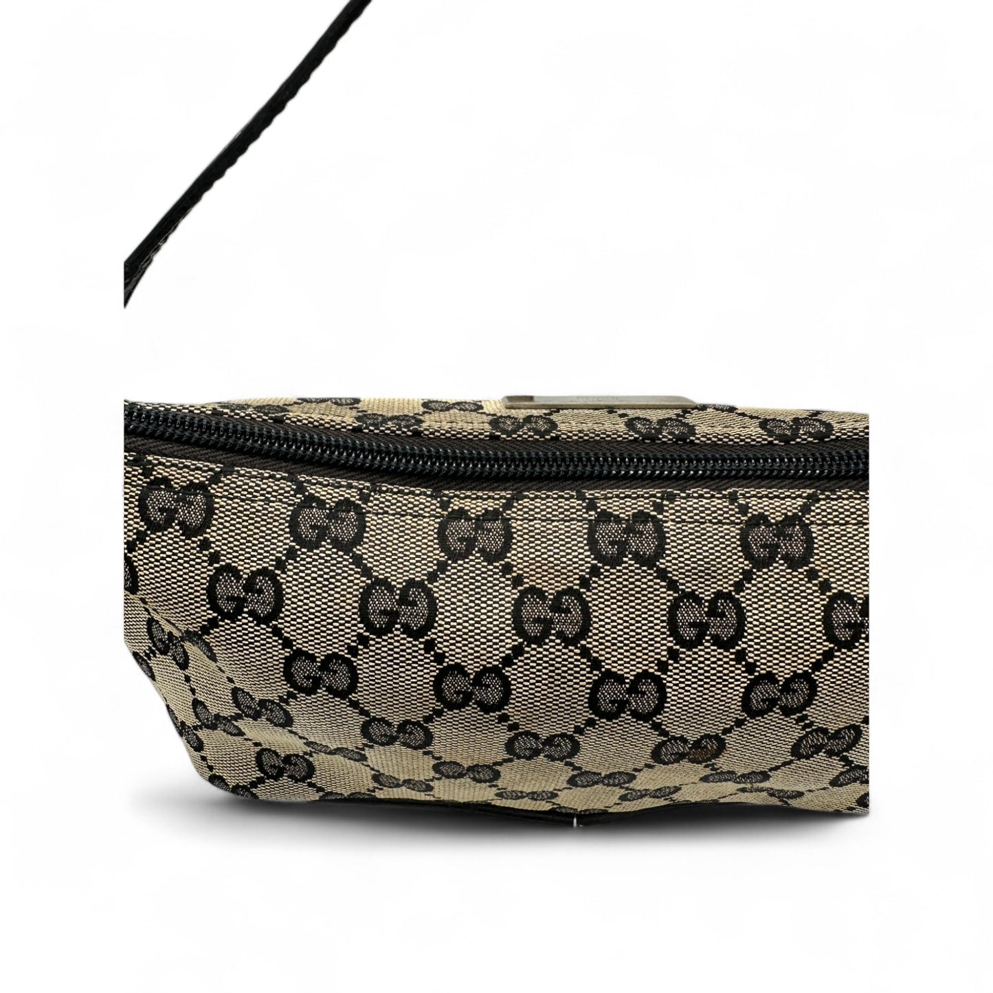 Vintage Gucci Boat Pochette in Black and Grey Monogram with Black Leather Trim