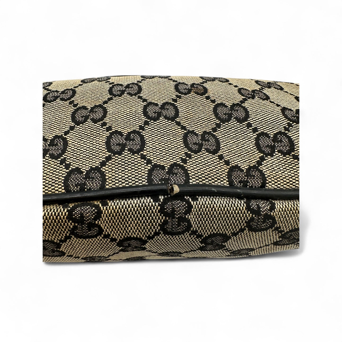 Vintage Gucci Boat Pochette in Black and Grey Monogram with Black Leather Trim