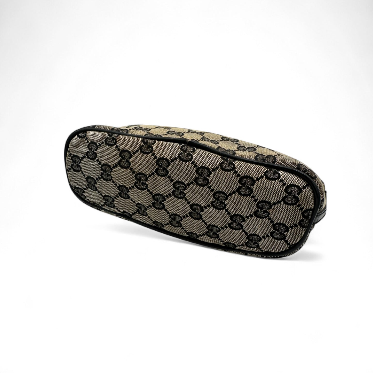 Vintage Gucci Boat Pochette in Black and Grey Monogram with Black Leather Trim