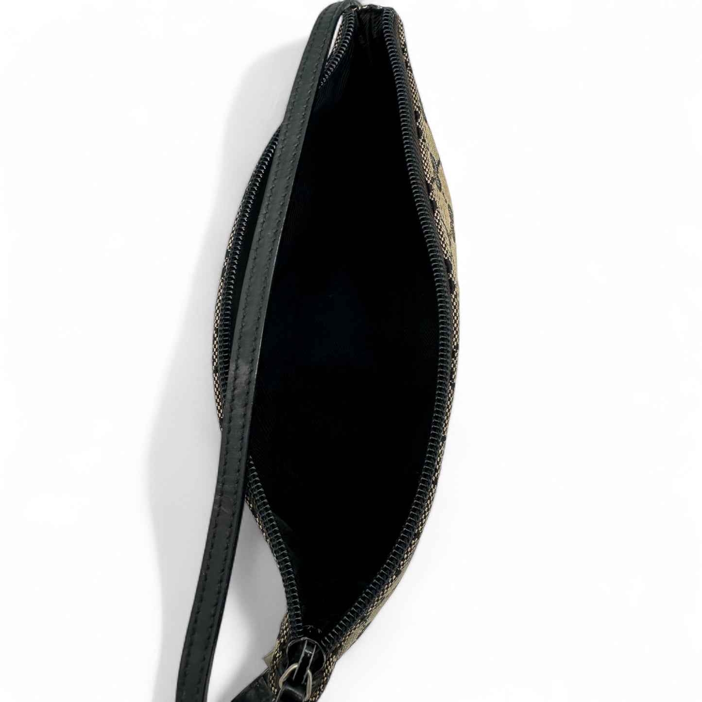Vintage Gucci Boat Pochette in Black and Grey Monogram with Black Leather Trim