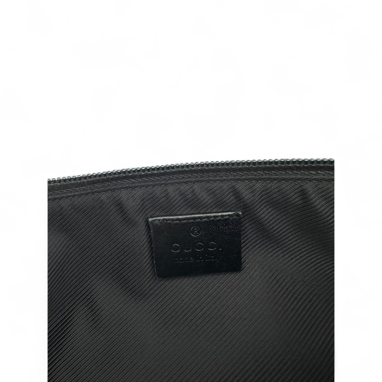 Vintage Gucci Boat Pochette in Black and Grey Monogram with Black Leather Trim