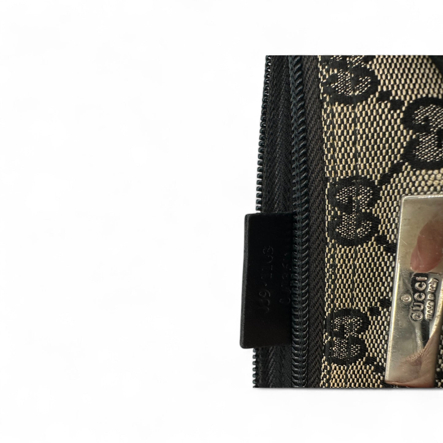 Vintage Gucci Boat Pochette in Black and Grey Monogram with Black Leather Trim