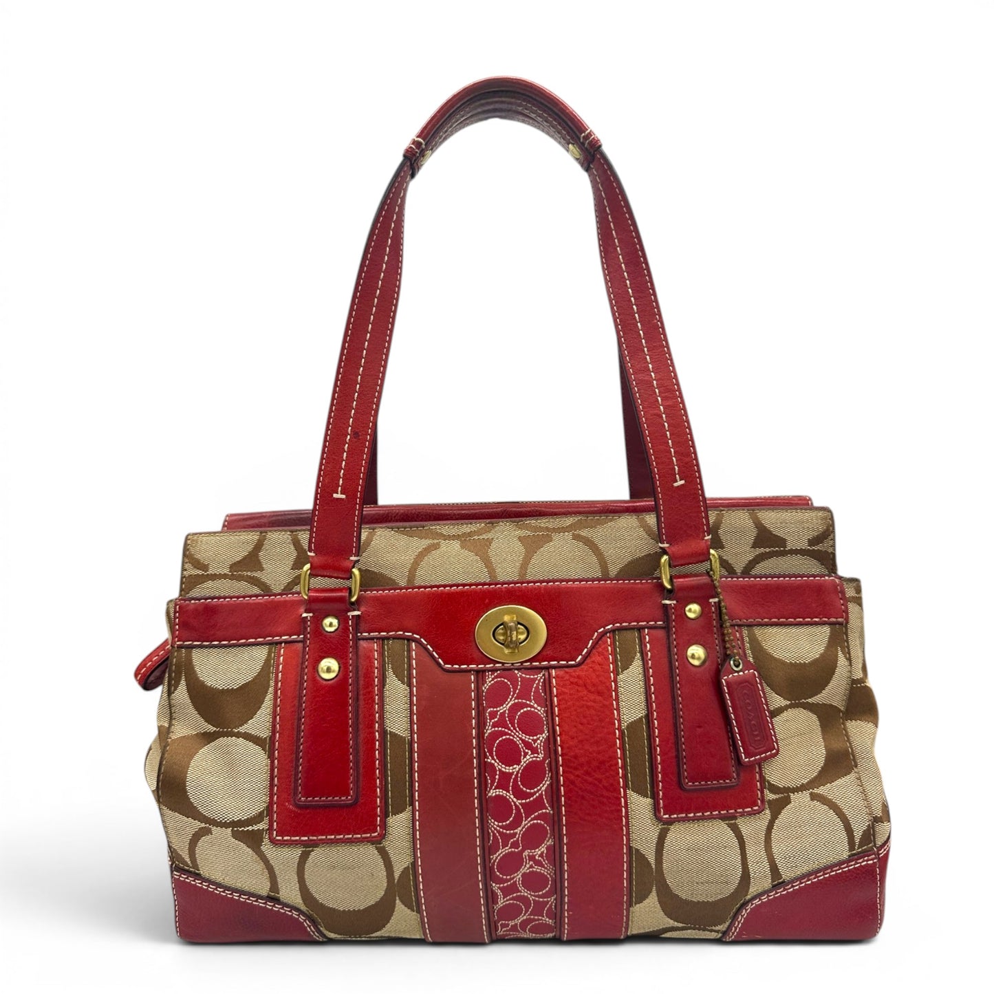 Vintage Coach 11072 Turnlock Handtasche mit rotem Lederbesatz und Monogramm