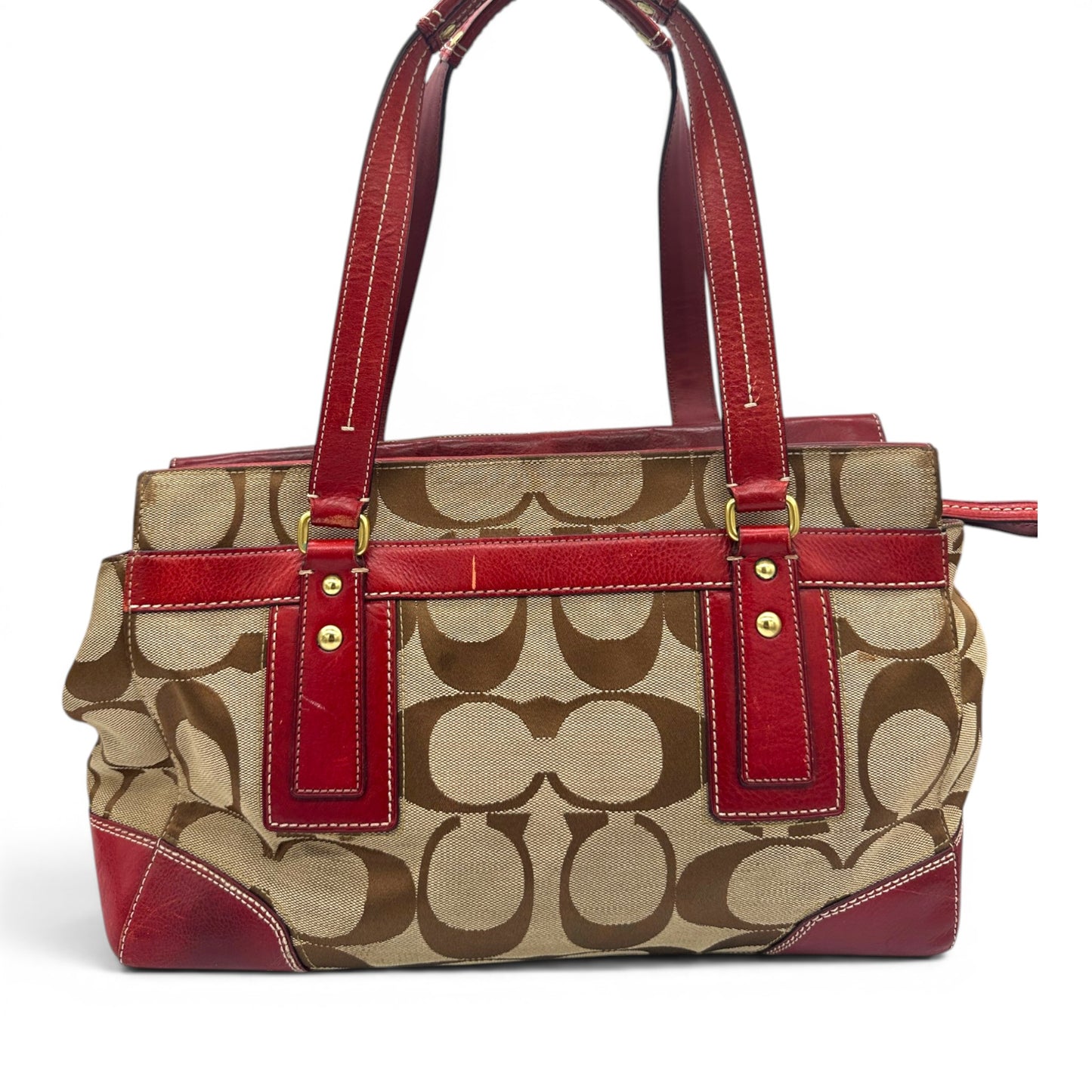 Vintage Coach 11072 Turnlock Handtasche mit rotem Lederbesatz und Monogramm