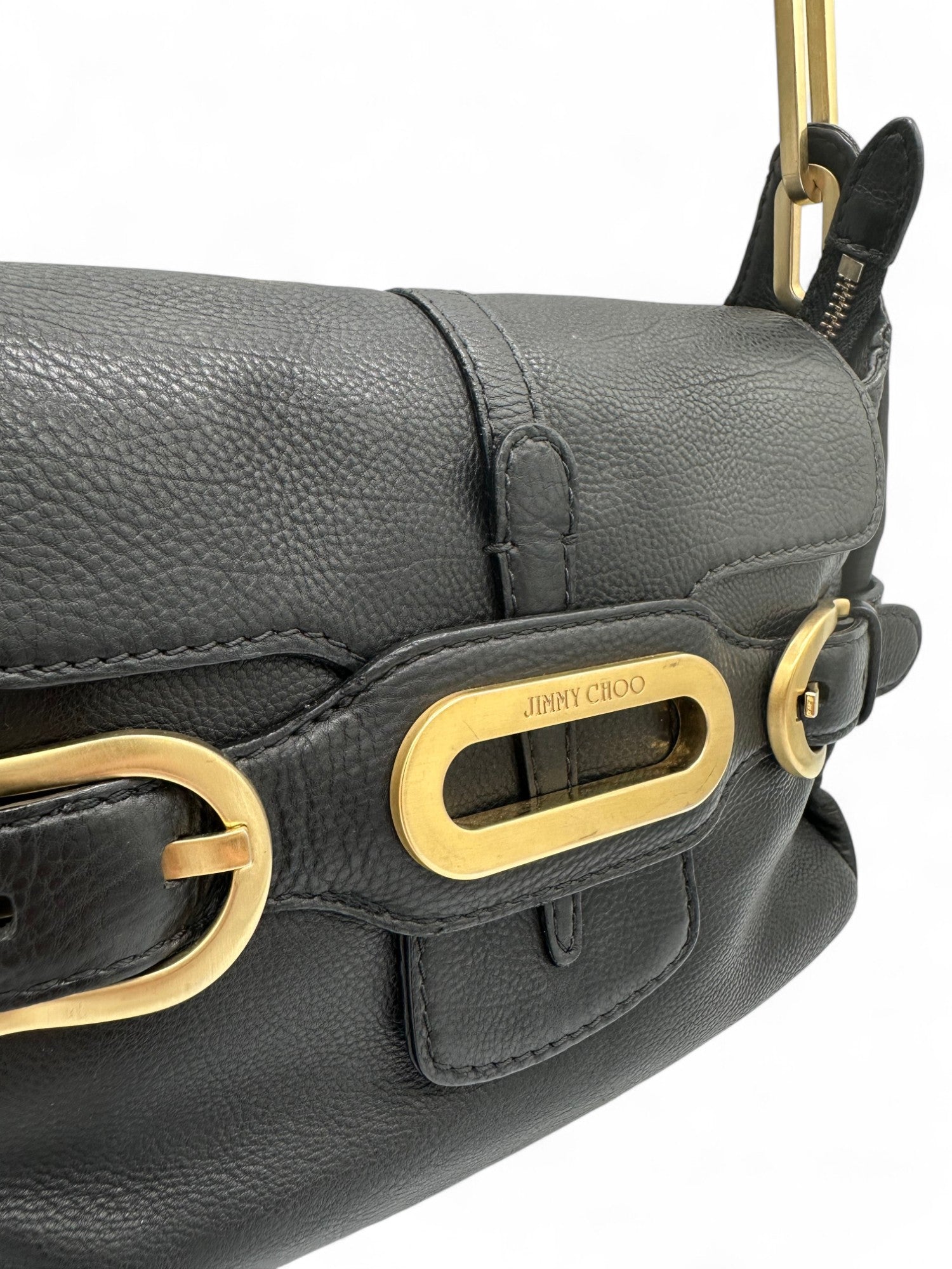Jimmy Choo Black Pebbled Leather Shoulder Bag with Gold Belted Detail - Thanks it's Vintage