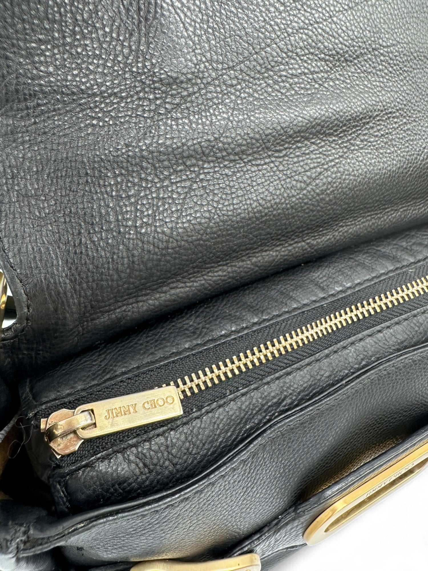 Jimmy Choo Black Pebbled Leather Shoulder Bag with Gold Belted Detail - Thanks it's Vintage