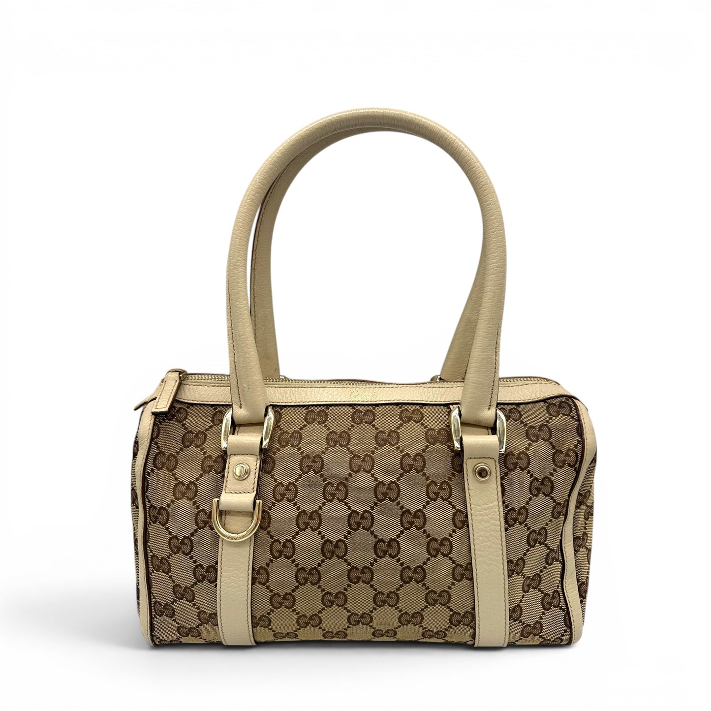 Sac cabas vintage Gucci en bambou monogrammé, grand format, porté épaule