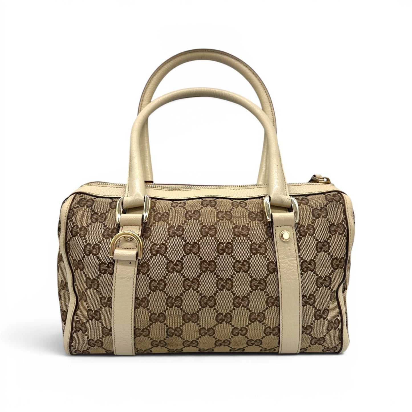 Sac cabas vintage Gucci en bambou monogrammé, grand format, porté épaule