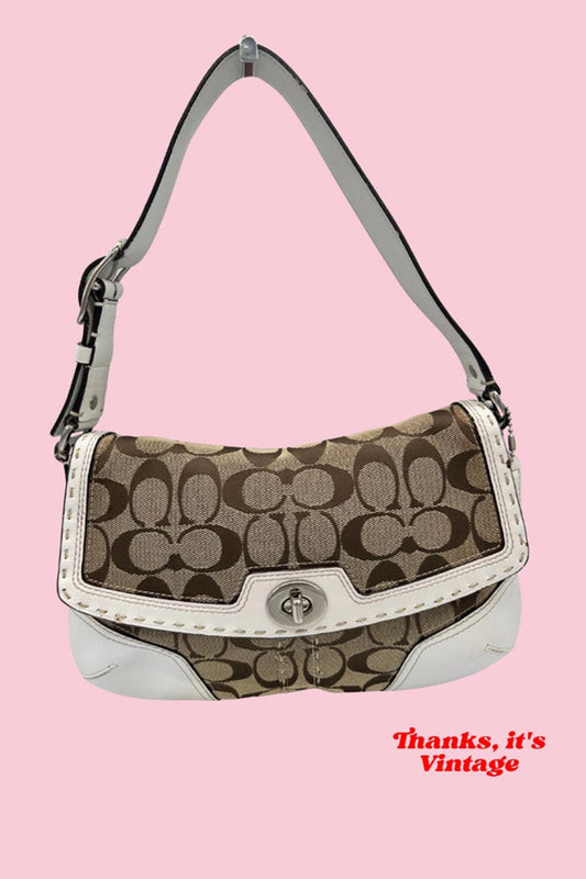 Vintage Coach 11574 Flap Turnlock Shoulder Bag in Brown Signature Monogram with White Trim