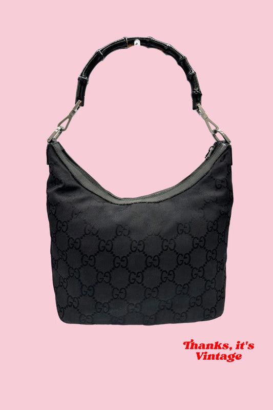 Vintage Gucci Black Monogram Bamboo Shoulder Bag
