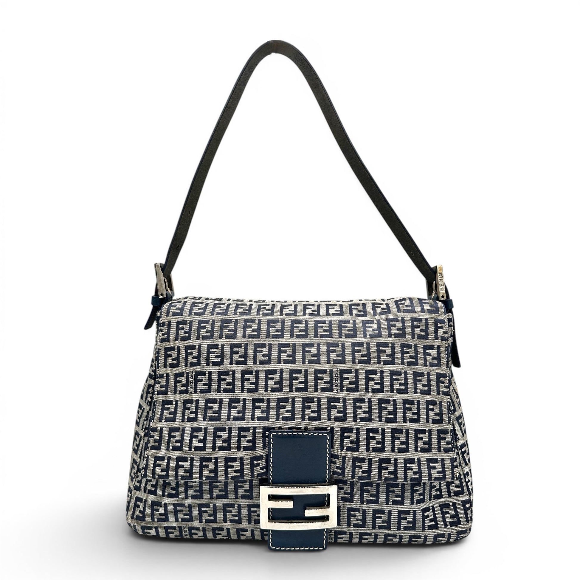 Thanks it's Vintage Fendi Zucchino Mamma shoulder bag in navy and grey monogram canvas with silver hardware