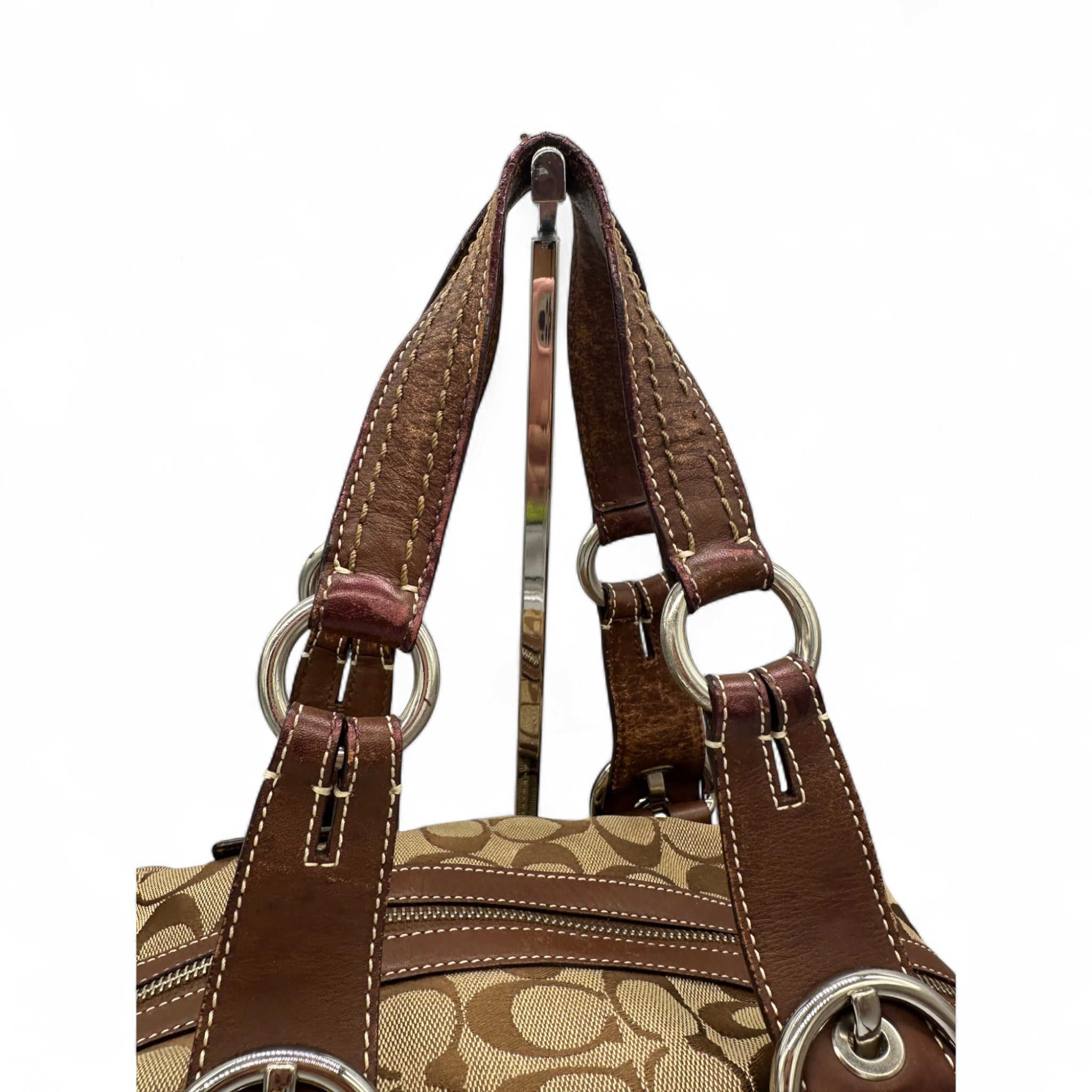 バッグ Coach Soho Mini Boston Bag Leather Brown Coach Canvas Leather Soho Signature Mini brown Boston Satchel Bag