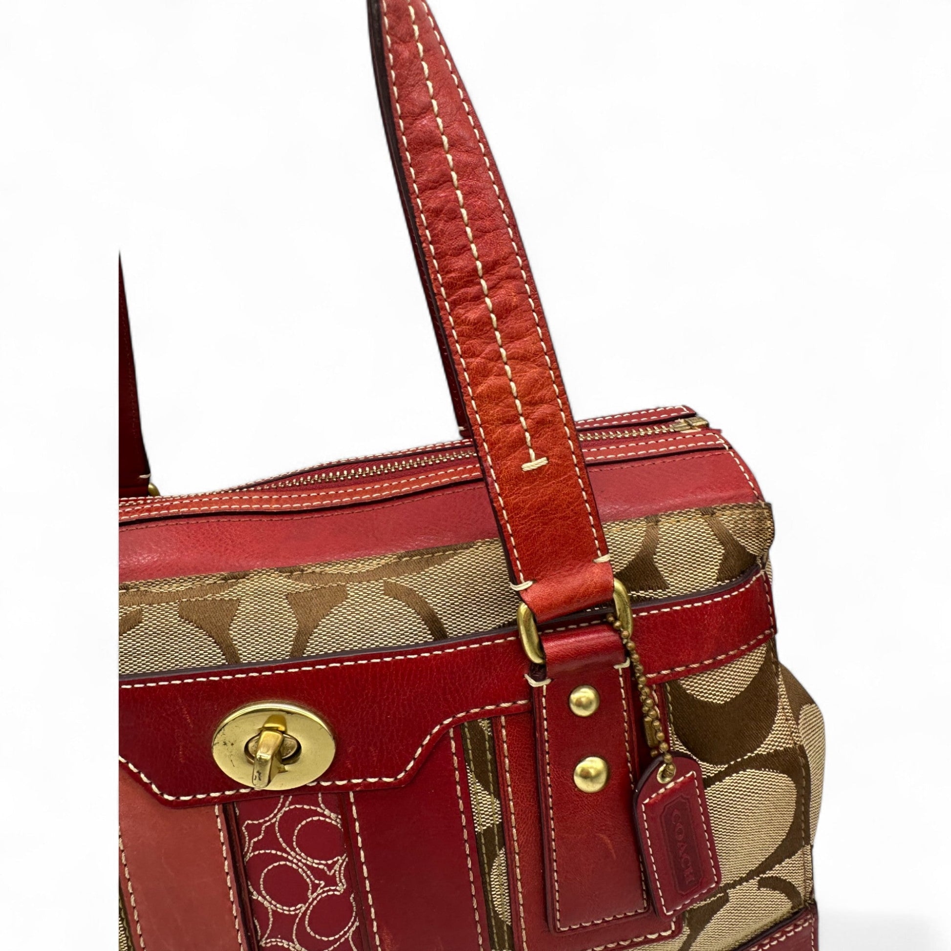 Vintage Coach 11072 Turnlock Red Leather Trim Monogram Handbag - Thanks it's Vintage