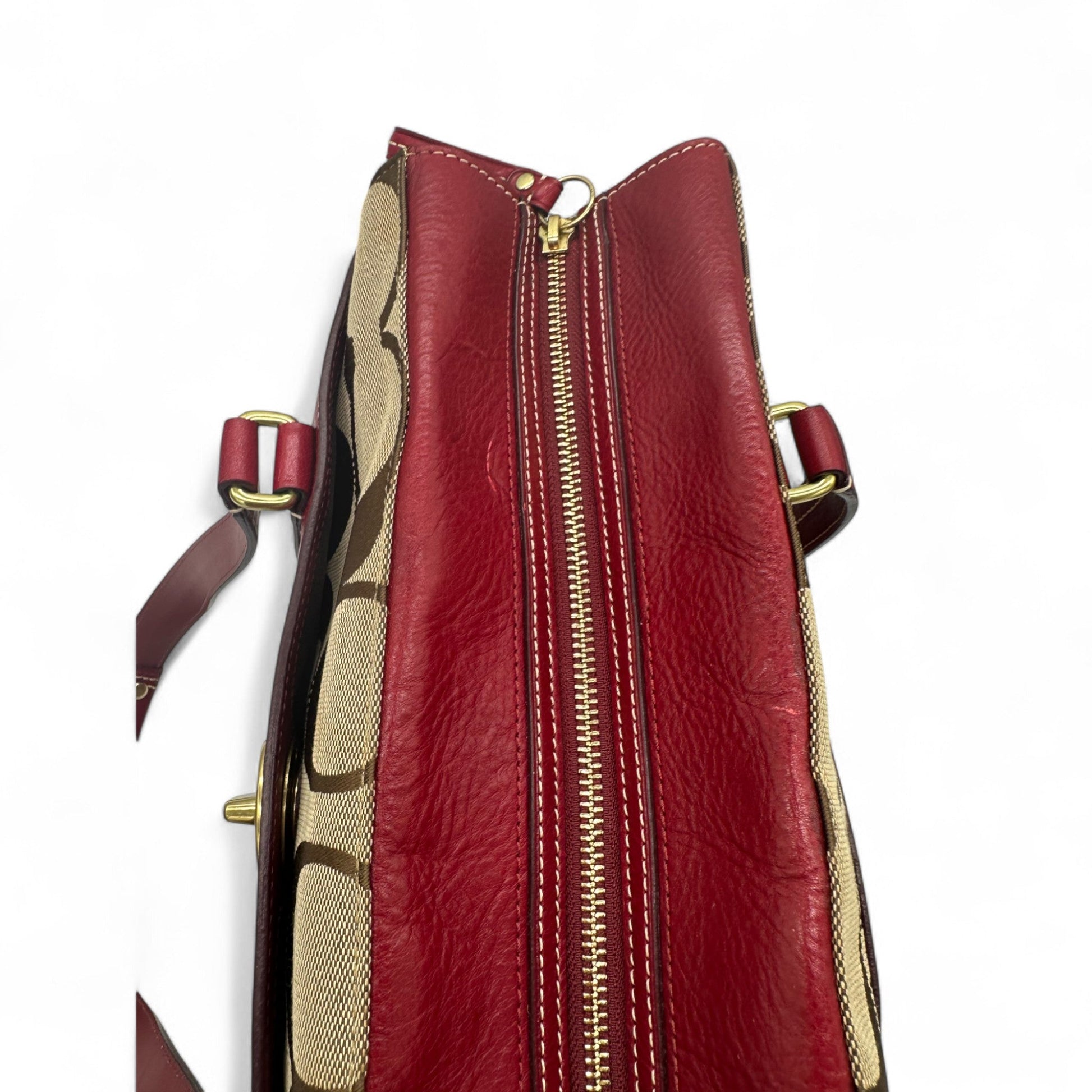 Vintage Coach 11072 Turnlock Red Leather Trim Monogram Handbag - Thanks it's Vintage