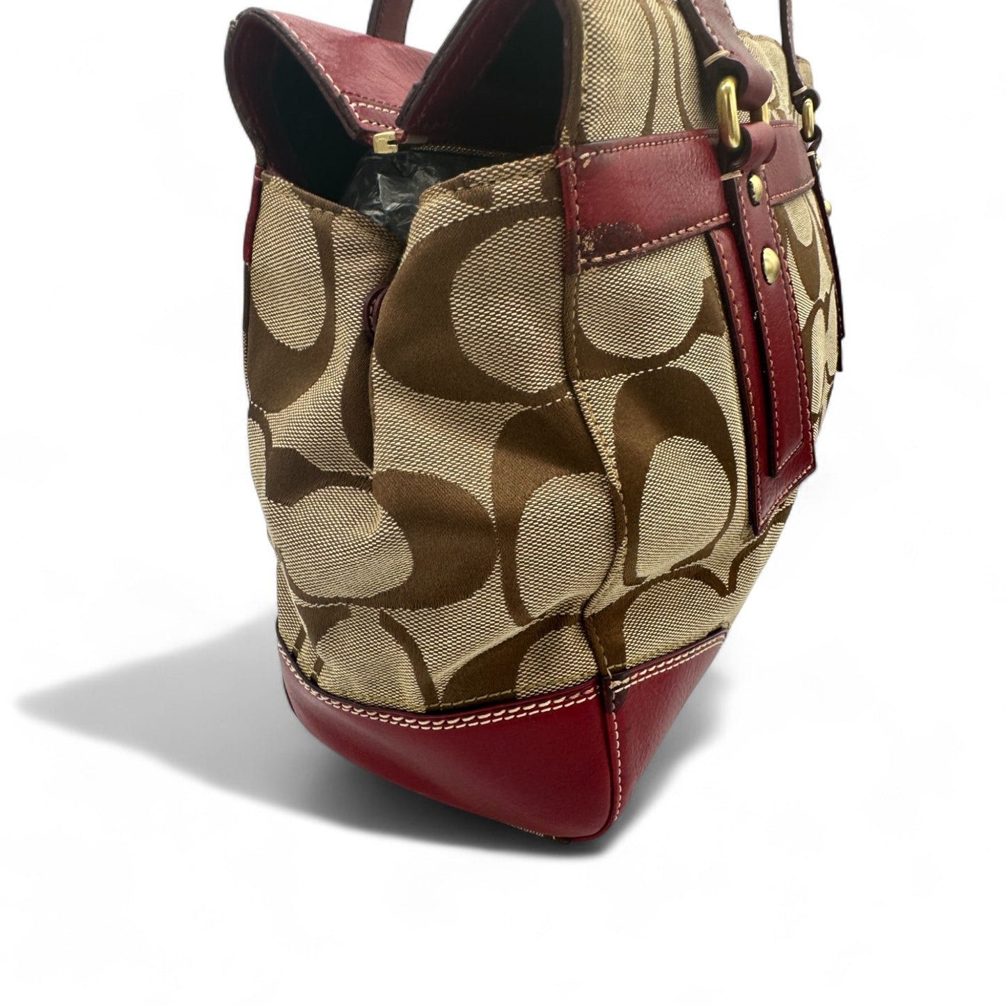 Vintage Coach 11072 Turnlock Red Leather Trim Monogram Handbag - Thanks it's Vintage