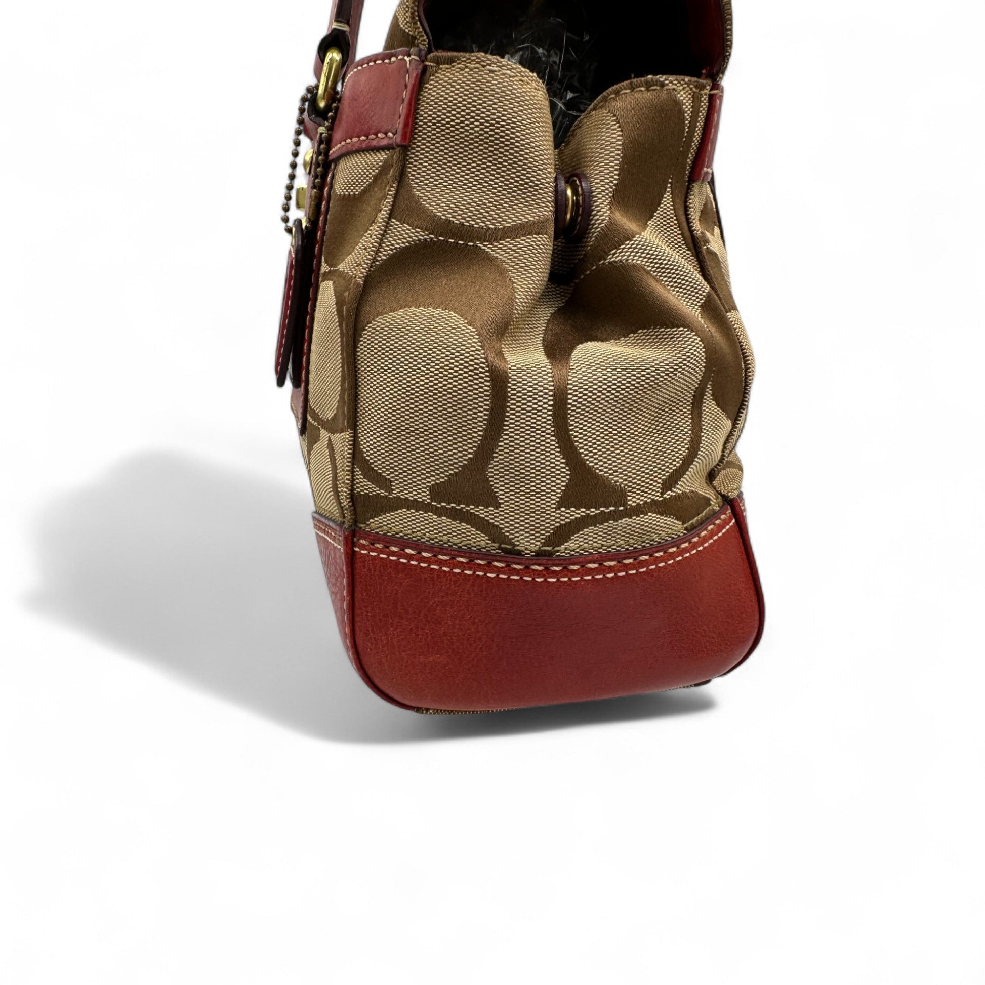 Vintage Coach 11072 Turnlock Red Leather Trim Monogram Handbag - Thanks it's Vintage