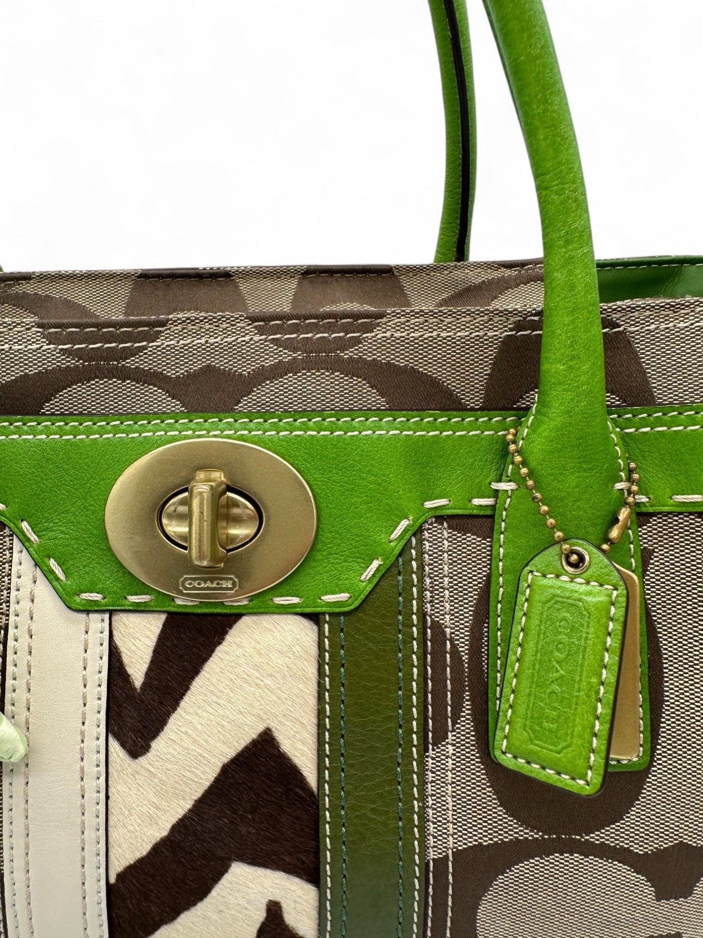 Vintage Coach 11561 Turnlock Handbag with Green Leather Trim, Signature Monogram and Scarf Detail - Thanks it's Vintage
