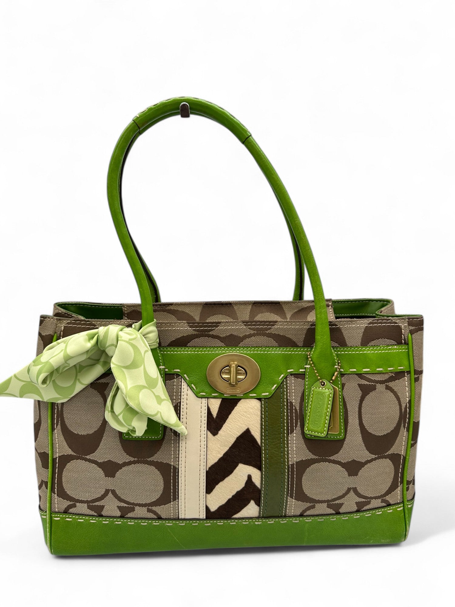 Vintage Coach 11561 Turnlock Handbag with Green Leather Trim, Signature Monogram and Scarf Detail - Thanks it's Vintage