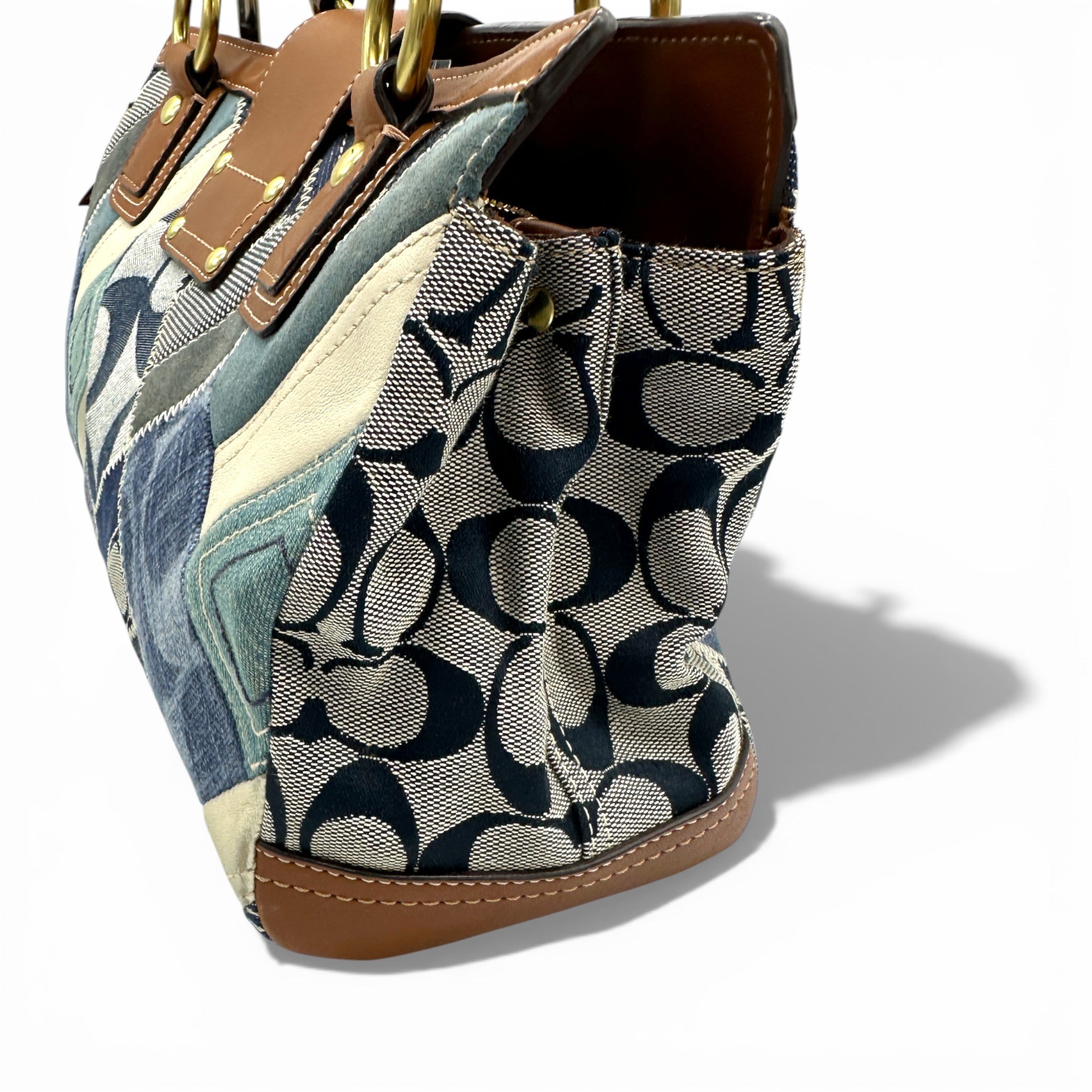 COACH コーチ　ターンロック パッチワーク デニム　トートバッグ　12216 Vintage Coach 12216 Denim Patchwork Turnlock Handbag – Thanks it's