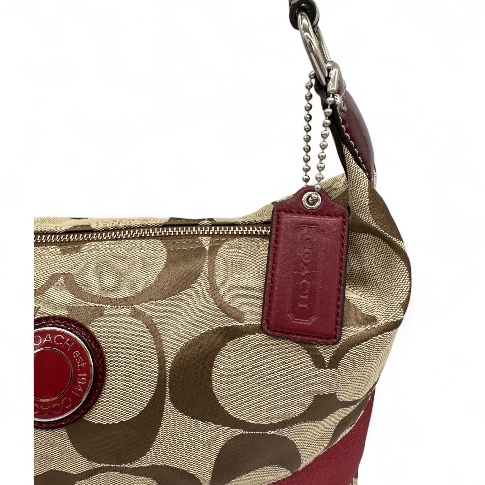 Vintage Coach 23769E Shoulder Bag in Signature Monogram with Cherry Red Trim - Thanks it's Vintage