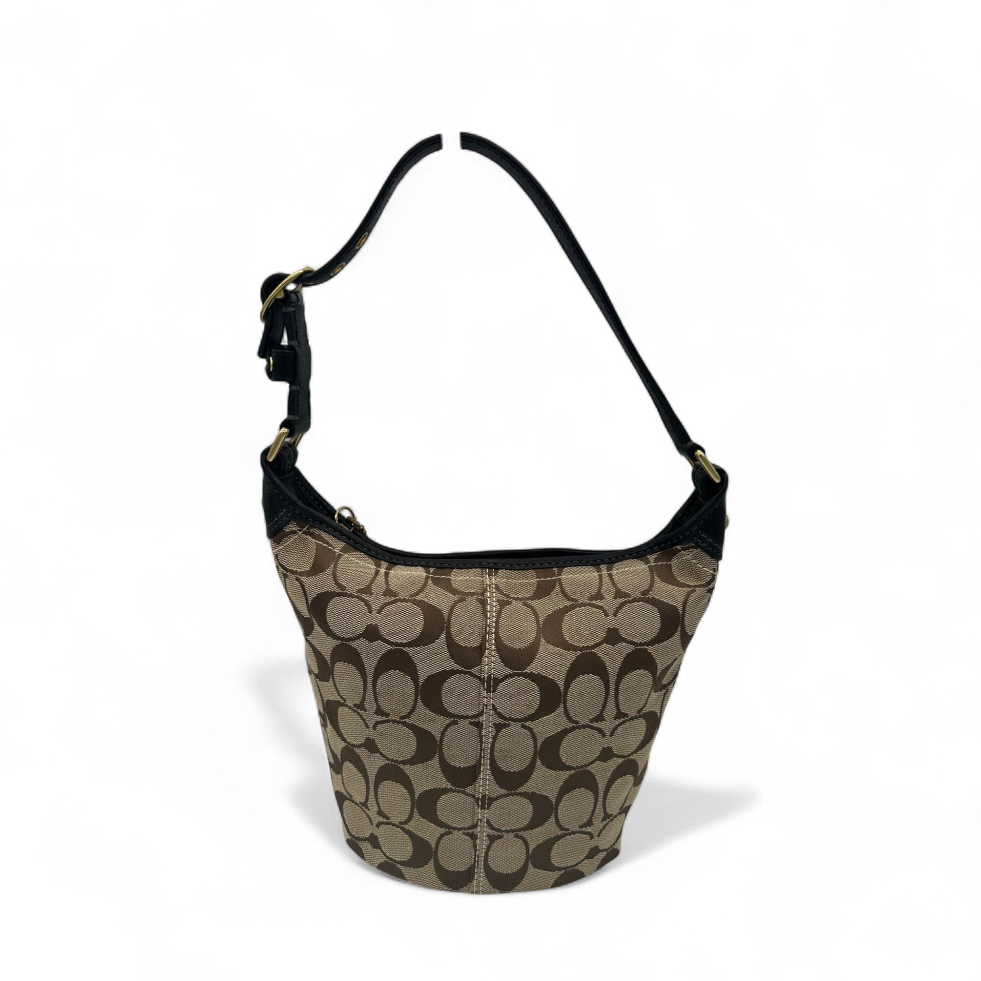 Vintage Coach 40896 Signature Monogram Bucket Shoulder Bag with Black Leather Trim - Thanks it's Vintage