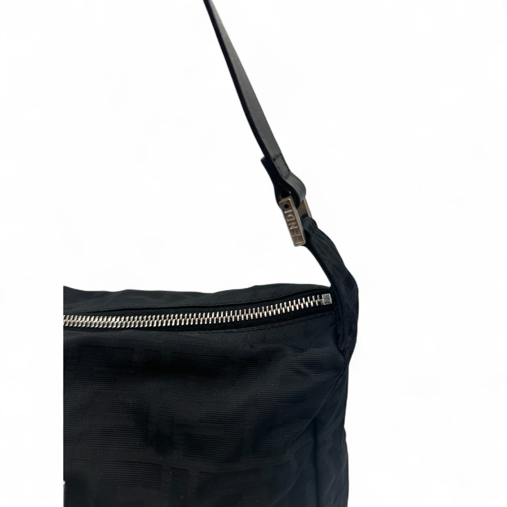 Vintage Fendi Black Zucca Nylon Shoulder Bag with Black Leather Trim - Thanks it's Vintage