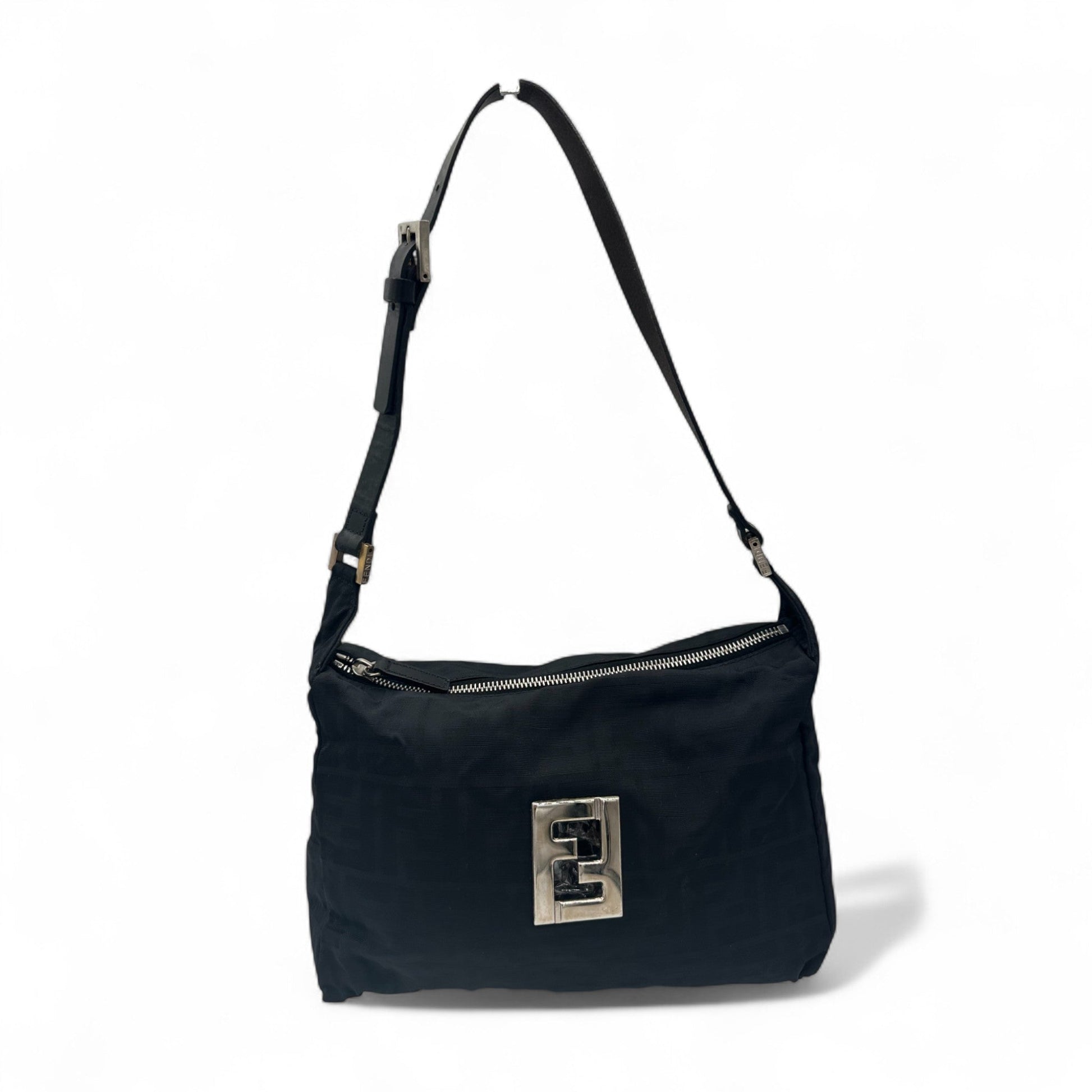 Vintage Fendi Black Zucca Nylon Shoulder Bag with Black Leather Trim - Thanks it's Vintage