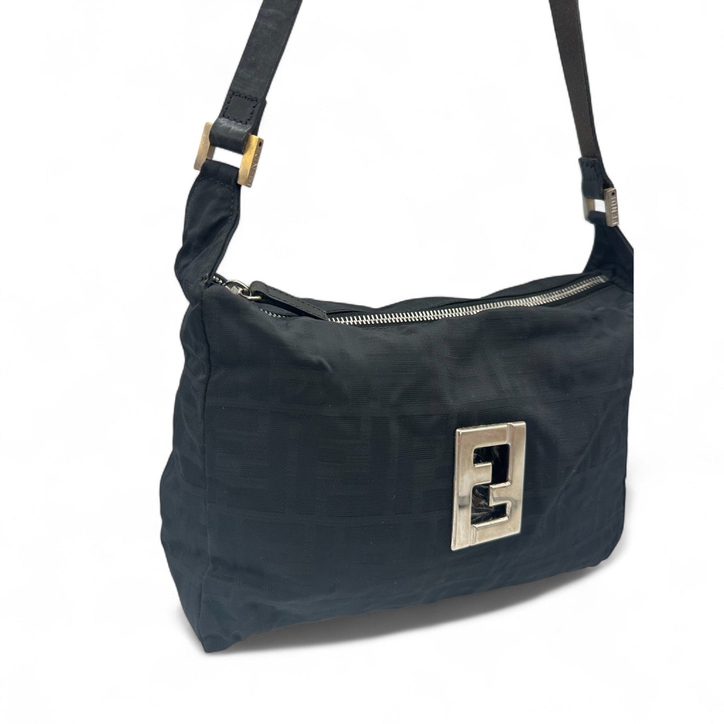 Vintage Fendi Black Zucca Nylon Shoulder Bag with Black Leather Trim - Thanks it's Vintage