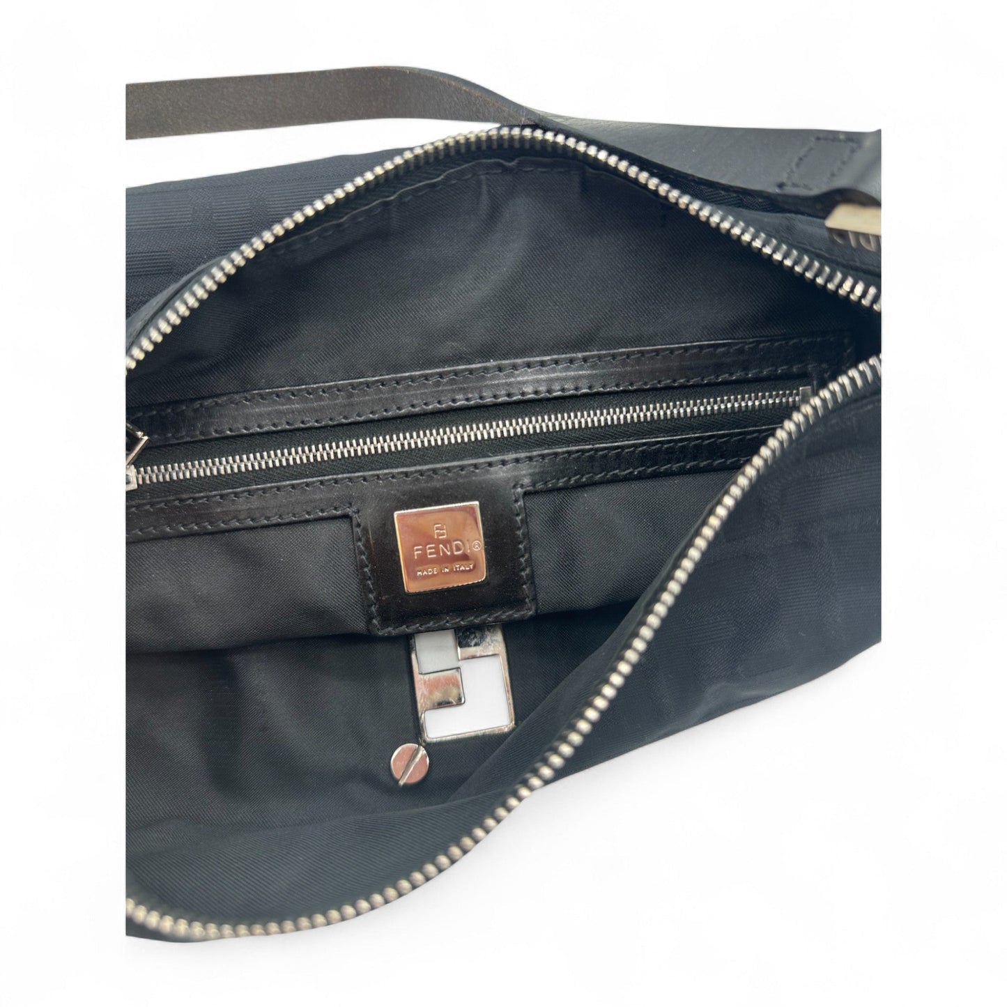 Vintage Fendi Black Zucca Nylon Shoulder Bag with Black Leather Trim - Thanks it's Vintage