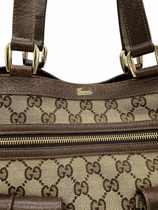 Vintage Gucci Abbey Pocket Tote Shoulder Bag in GG Monogram with Brown Leather Trim - Thanks it's Vintage