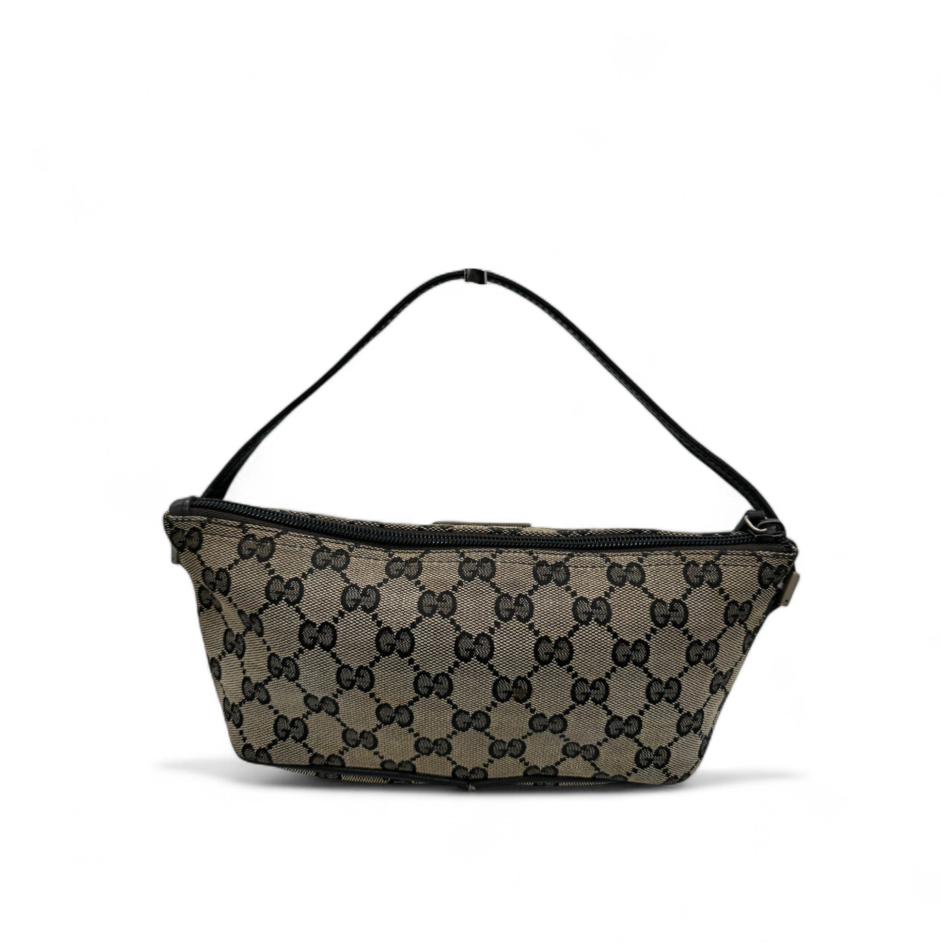 Vintage Gucci Boat Pochette in Black and Grey Monogram with Black Leather Trim - Thanks it's Vintage