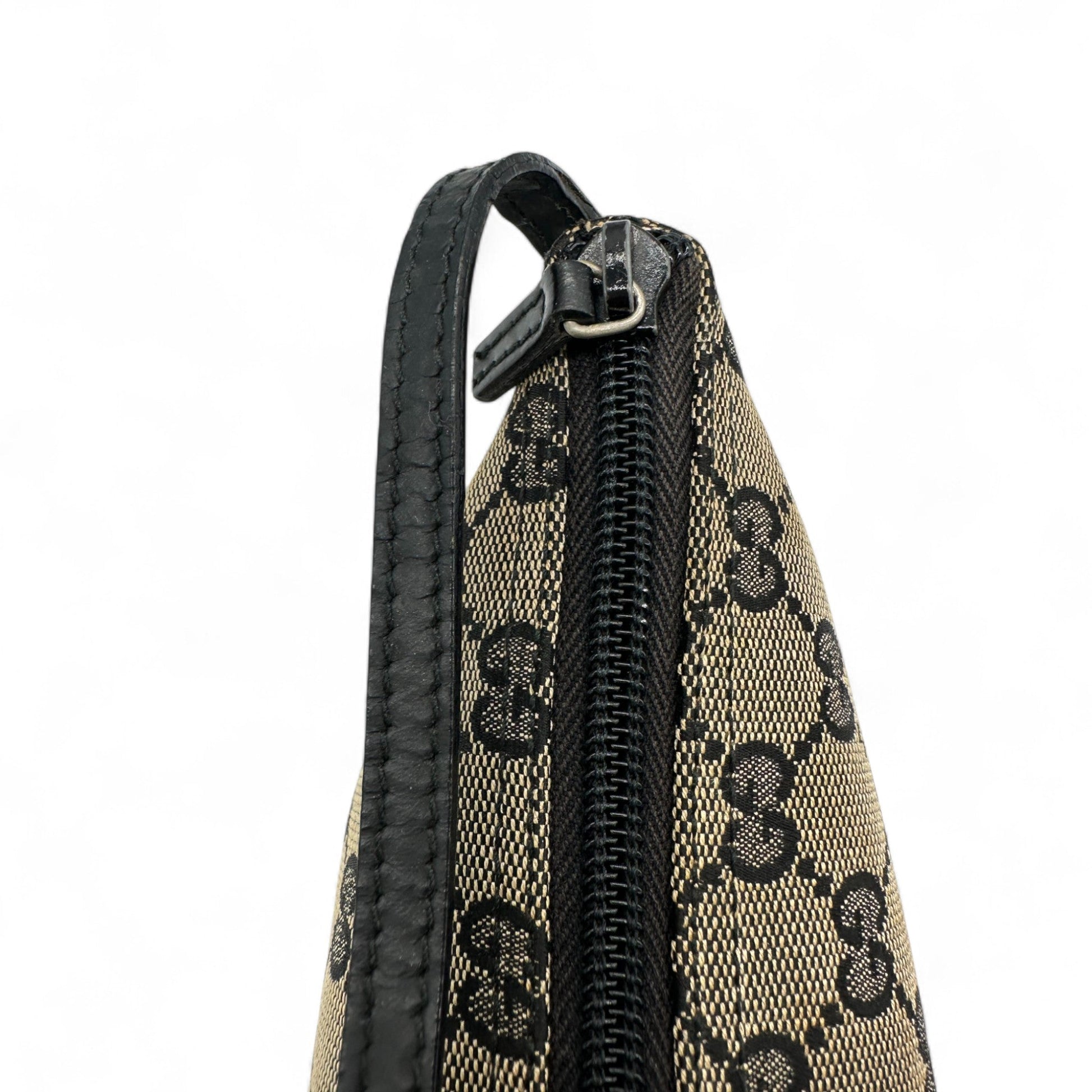 Vintage Gucci Boat Pochette in Black and Grey Monogram with Black Leather Trim - Thanks it's Vintage