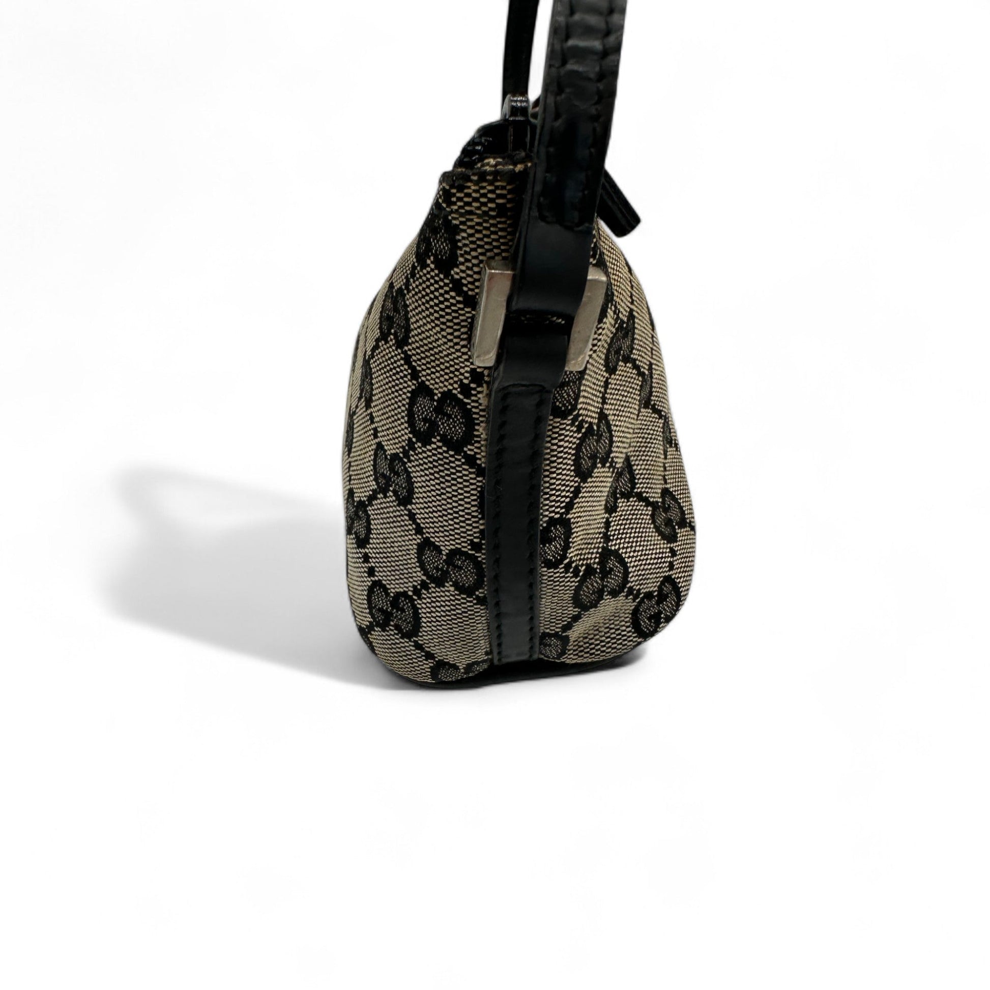 Vintage Gucci Boat Pochette in Black and Grey Monogram with Black Leather Trim - Thanks it's Vintage