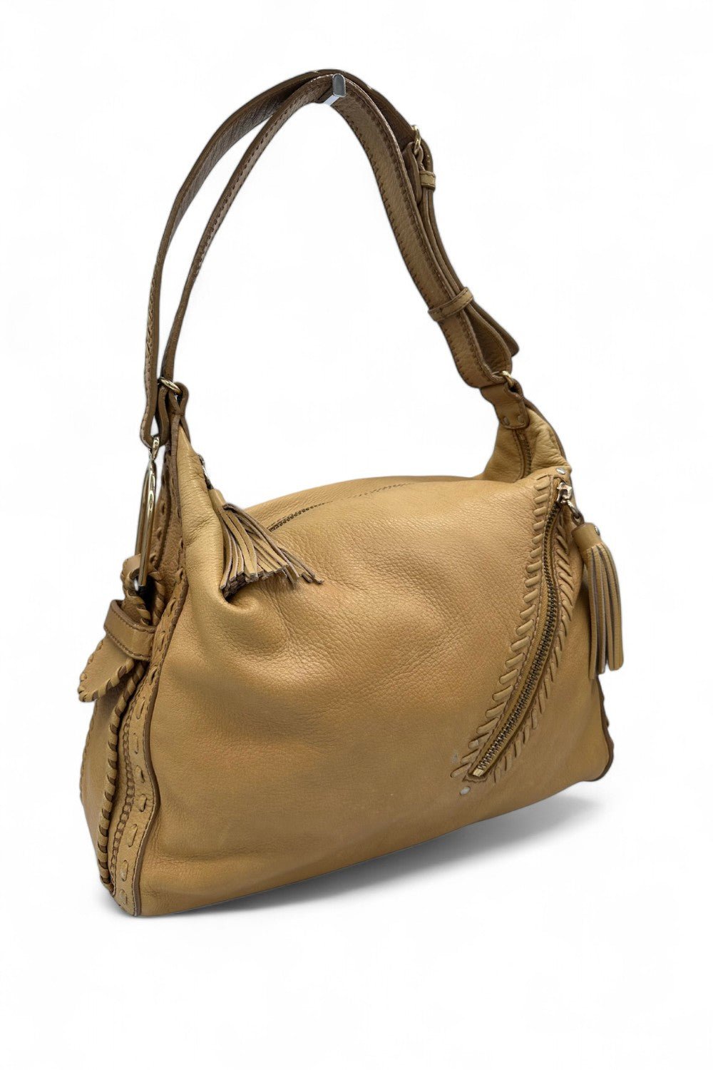 Vintage Jimmy Choo Lily Slouchy Hobo Shoulder Bag with Fringe Detail in Tan Leather - Thanks it's Vintage